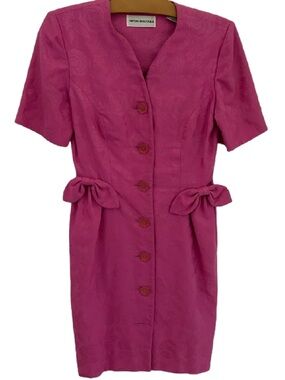 Vintage Nipon Boutique Pink Jacquard Bow Dress Size 4 Cotton 90s